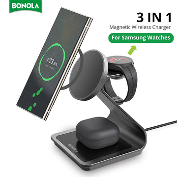 Bonola Estação de Carregamento Magnética 3 em 1 Wireless para Samsung S24/S25 Ultra – Galaxy Watch 7/6/5 e Galaxy Buds