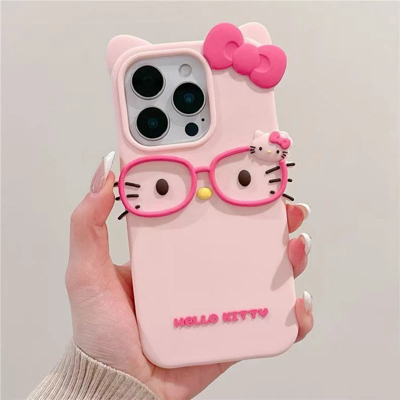 Capa 3D Gato com Óculos de Silicone para iPhone 17 Pro Max / 16 / 15 Plus / 14 / 13 Mini / 12 / 11 – Design Cartoon Fofo