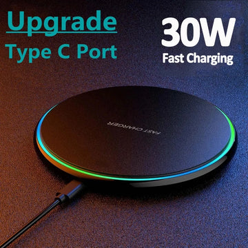 VIKEFON 30W Wireless Charger – Carregador Sem Fio Rápido para iPhone 12-15, Samsung S22/S23, Xiaomi, Huawei