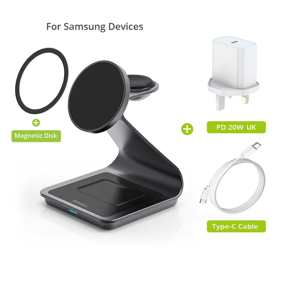 Bonola Estação de Carregamento Magnética 3 em 1 Wireless para Samsung S24/S25 Ultra – Galaxy Watch 7/6/5 e Galaxy Buds