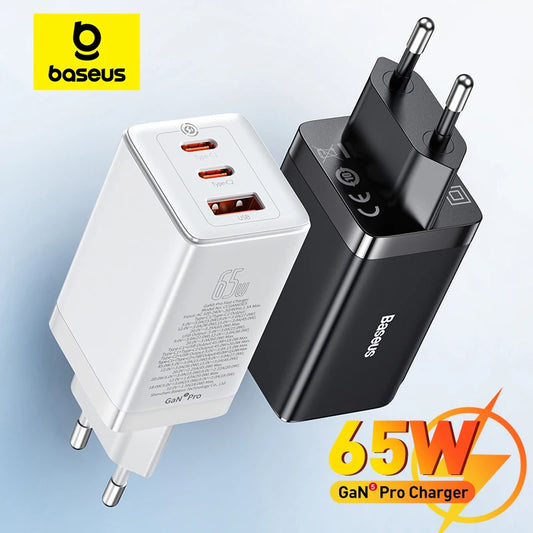 Baseus Carregador GaN 65W com 3 Portas – USB-C PD + QC para Notebook, iPhone, Samsung e Xiaomi