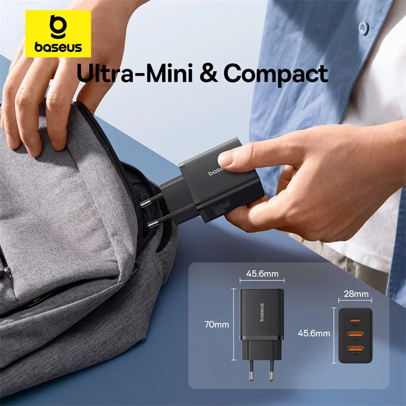 Baseus Carregador USB 30W com 3 Portas – USB-C PD + QC3.0 para iPhone, Samsung e Xiaomi