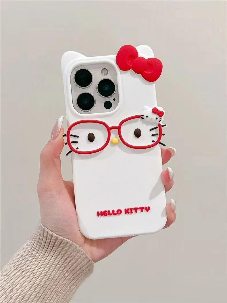 Capa 3D Gato com Óculos de Silicone para iPhone 17 Pro Max / 16 / 15 Plus / 14 / 13 Mini / 12 / 11 – Design Cartoon Fofo