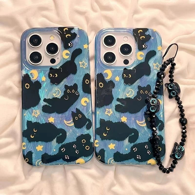 Capa Fofa Estrelas e Lua com Gatinho para iPhone 7 a 15 Pro Max – Silicone Antichoque e Anti-Poeira