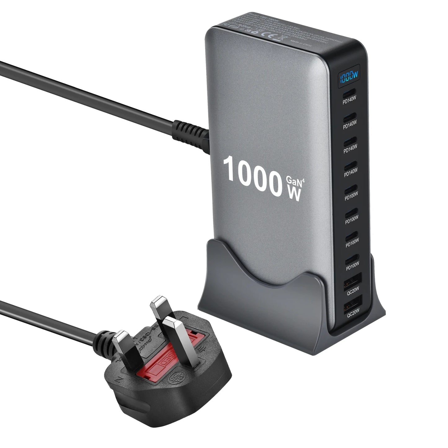 1000W Carregador GaN Desktop 10-Portas – 140W PD para MacBook, 100W para Smartphone e Tablet, Hub Multiportas USB