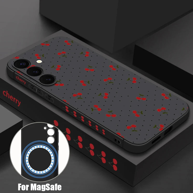 Capa Magnética Little Cherry para Samsung Galaxy S25 FE / S25 / S24 / S23 / S22 Ultra Plus – Soft Case com Alça e Carregamento Magsafe