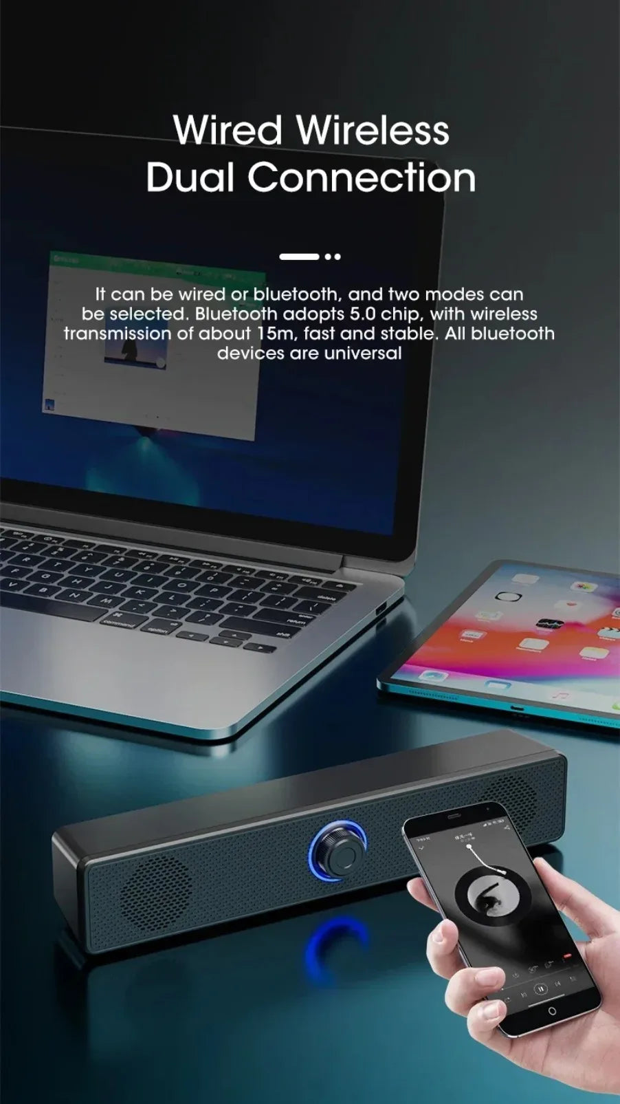 Soundbar Gamer Compacta para PC e TV – Bluetooth + Conexão Cabiada (Som Estéreo Surround 3D)