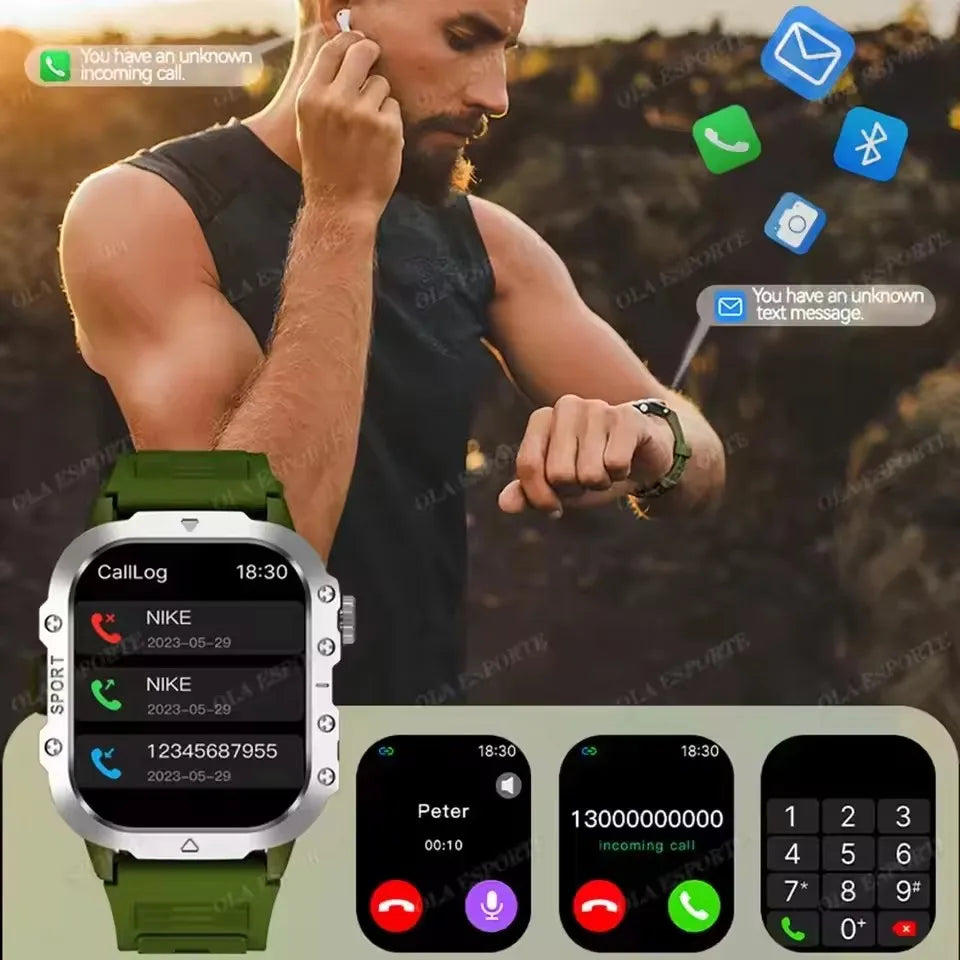 Smartwatch Tático Militar 2025 – Bateria de Longa Duração (400mAh), Lanterna LED e Chamadas Bluetooth