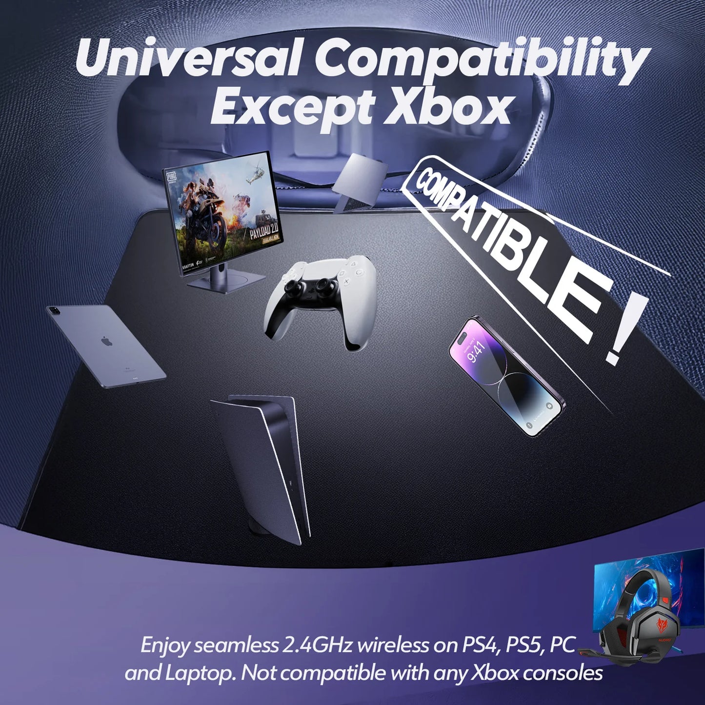 Headset Gamer NUBWO G06 Wireless 2.4GHz + Bluetooth – 50mm, Microfone, Até 100h de Bateria, PS5, PS4, PC, Mobile, Switch