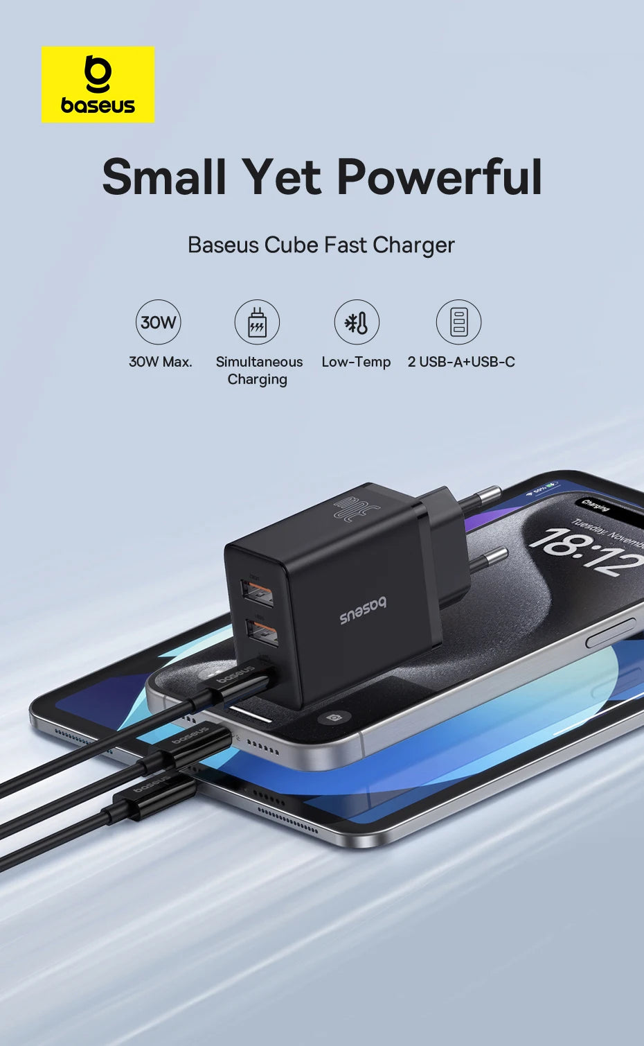 Baseus Carregador USB 30W com 3 Portas – USB-C PD + QC3.0 para iPhone, Samsung e Xiaomi