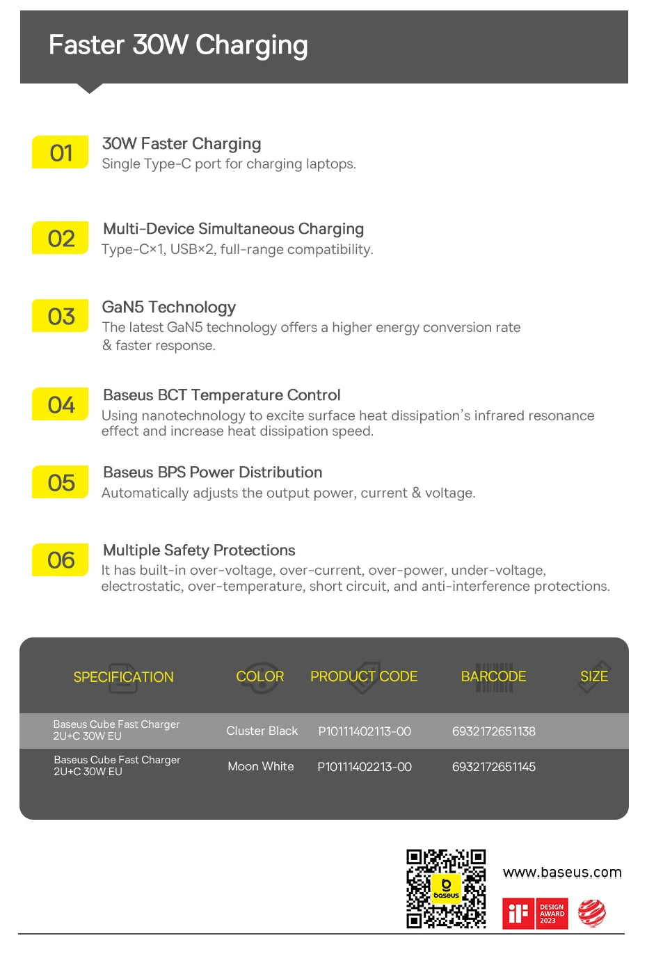 Baseus Carregador USB 30W com 3 Portas – USB-C PD + QC3.0 para iPhone, Samsung e Xiaomi