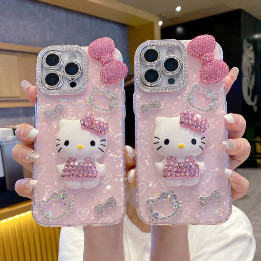 Capa Hello Kitty Bling 3D para iPhone 17 / 16 / 15 / 14 / 13 / 12 Pro Max – Glitter, Cartoon Fofo, Hard Cover