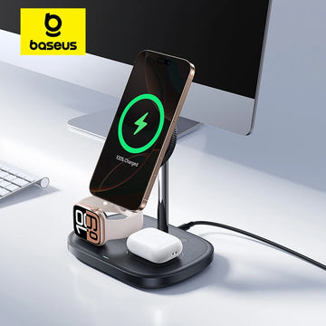 Baseus 3 em 1 Carregador Wireless 22.5W com TEC Cooling – iPhone 16/15/14, AirPods e Apple Watch