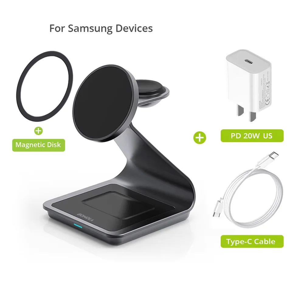 Bonola Estação de Carregamento Magnética 3 em 1 Wireless para Samsung S24/S25 Ultra – Galaxy Watch 7/6/5 e Galaxy Buds