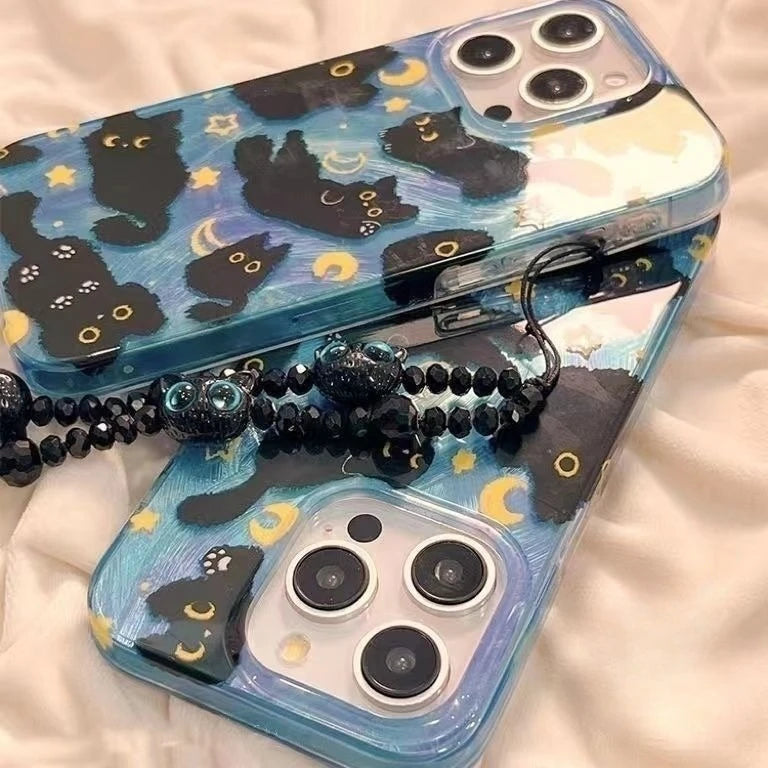 Capa Fofa Estrelas e Lua com Gatinho para iPhone 7 a 15 Pro Max – Silicone Antichoque e Anti-Poeira