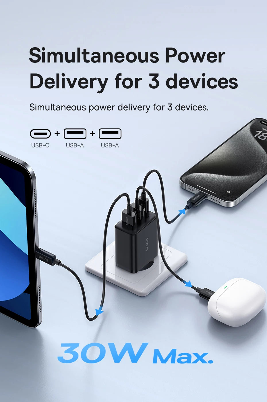 Baseus Carregador USB 30W com 3 Portas – USB-C PD + QC3.0 para iPhone, Samsung e Xiaomi