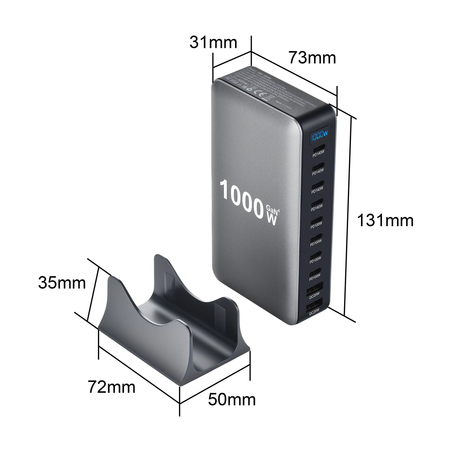 1000W Carregador GaN Desktop 10-Portas – 140W PD para MacBook, 100W para Smartphone e Tablet, Hub Multiportas USB