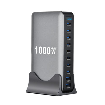 1000W Carregador GaN Desktop 10-Portas – 140W PD para MacBook, 100W para Smartphone e Tablet, Hub Multiportas USB