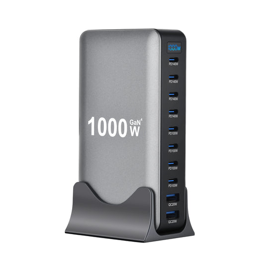 1000W Carregador GaN Desktop 10-Portas – 140W PD para MacBook, 100W para Smartphone e Tablet, Hub Multiportas USB