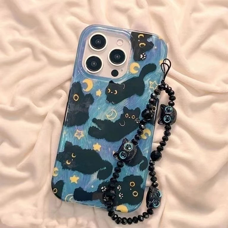 Capa Fofa Estrelas e Lua com Gatinho para iPhone 7 a 15 Pro Max – Silicone Antichoque e Anti-Poeira