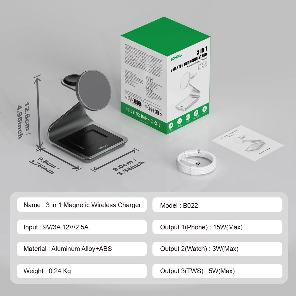 Bonola Estação de Carregamento Magnética 3 em 1 Wireless para Samsung S24/S25 Ultra – Galaxy Watch 7/6/5 e Galaxy Buds