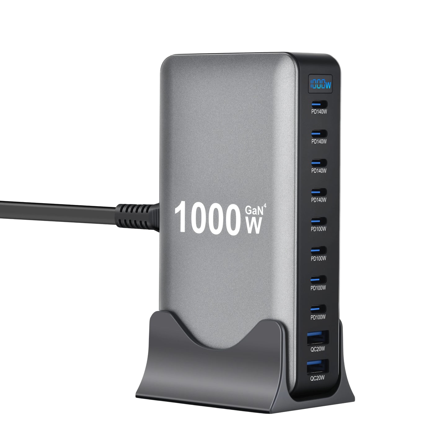 1000W Carregador GaN Desktop 10-Portas – 140W PD para MacBook, 100W para Smartphone e Tablet, Hub Multiportas USB