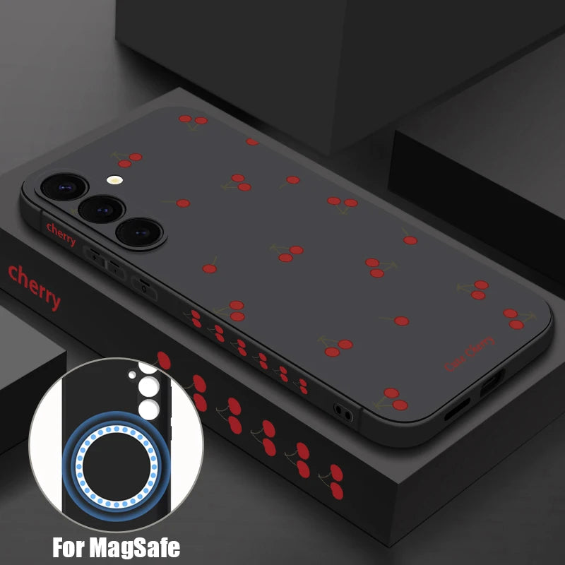 Capa Magnética Little Cherry para Samsung Galaxy S25 FE / S25 / S24 / S23 / S22 Ultra Plus – Soft Case com Alça e Carregamento Magsafe