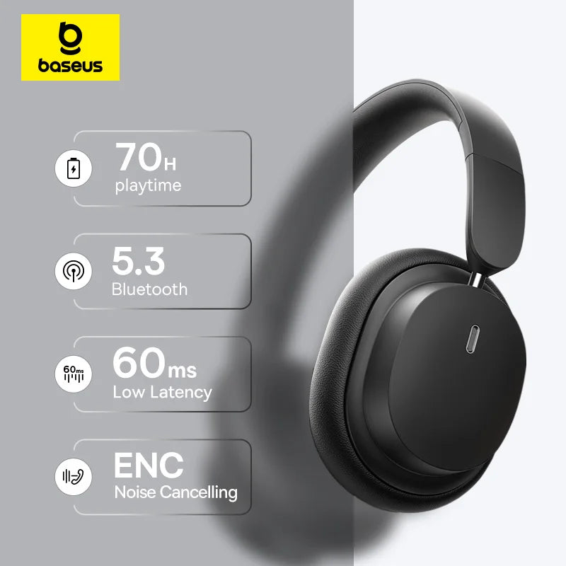 Headphone Bluetooth Baseus 5.3 Over-Ear Dobrável – Driver 40mm Hi-Fi, Áudio Espacial, Até 70h de Bateria, Wireless + Cabo