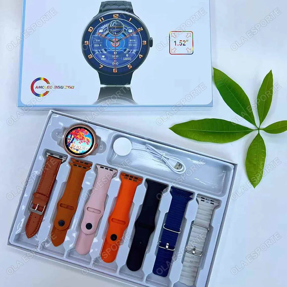 Smartwatch 7 em 1 Ultra Series – Kit com 7 Pulseiras, Tela HD 1.52", Chamadas Bluetooth e Carregamento Sem Fio (Android/iOS)