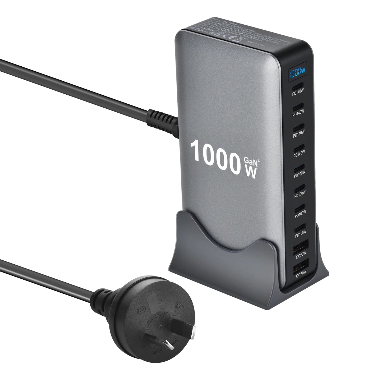 1000W Carregador GaN Desktop 10-Portas – 140W PD para MacBook, 100W para Smartphone e Tablet, Hub Multiportas USB