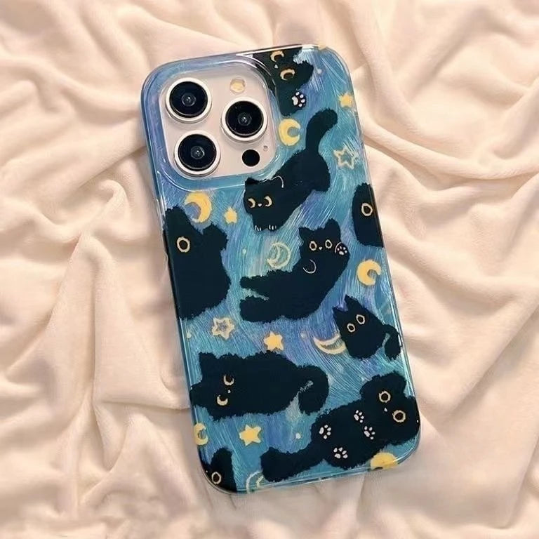 Capa Fofa Estrelas e Lua com Gatinho para iPhone 7 a 15 Pro Max – Silicone Antichoque e Anti-Poeira