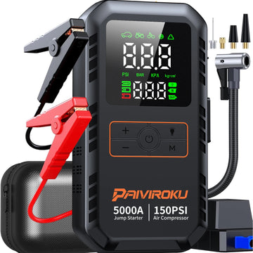 4-IN-1 Car Jump Starter com Compressor de Ar 5000A, Inflador de Pneus, Power Bank Portátil e Luz LED SOS
