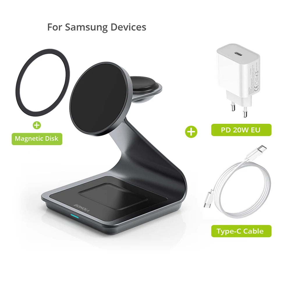 Bonola Estação de Carregamento Magnética 3 em 1 Wireless para Samsung S24/S25 Ultra – Galaxy Watch 7/6/5 e Galaxy Buds
