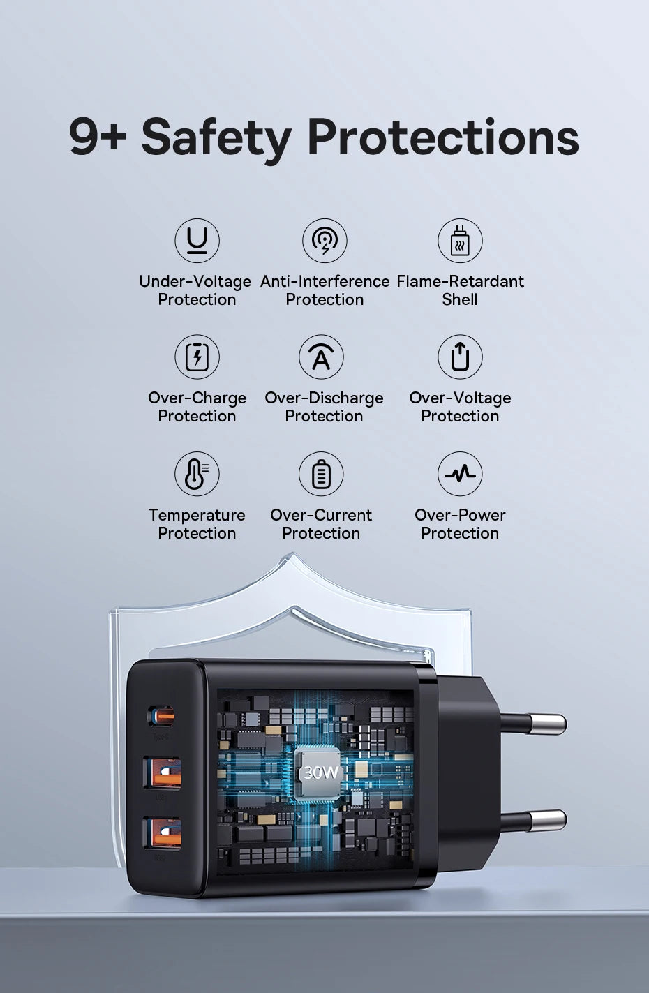 Baseus Carregador USB 30W com 3 Portas – USB-C PD + QC3.0 para iPhone, Samsung e Xiaomi