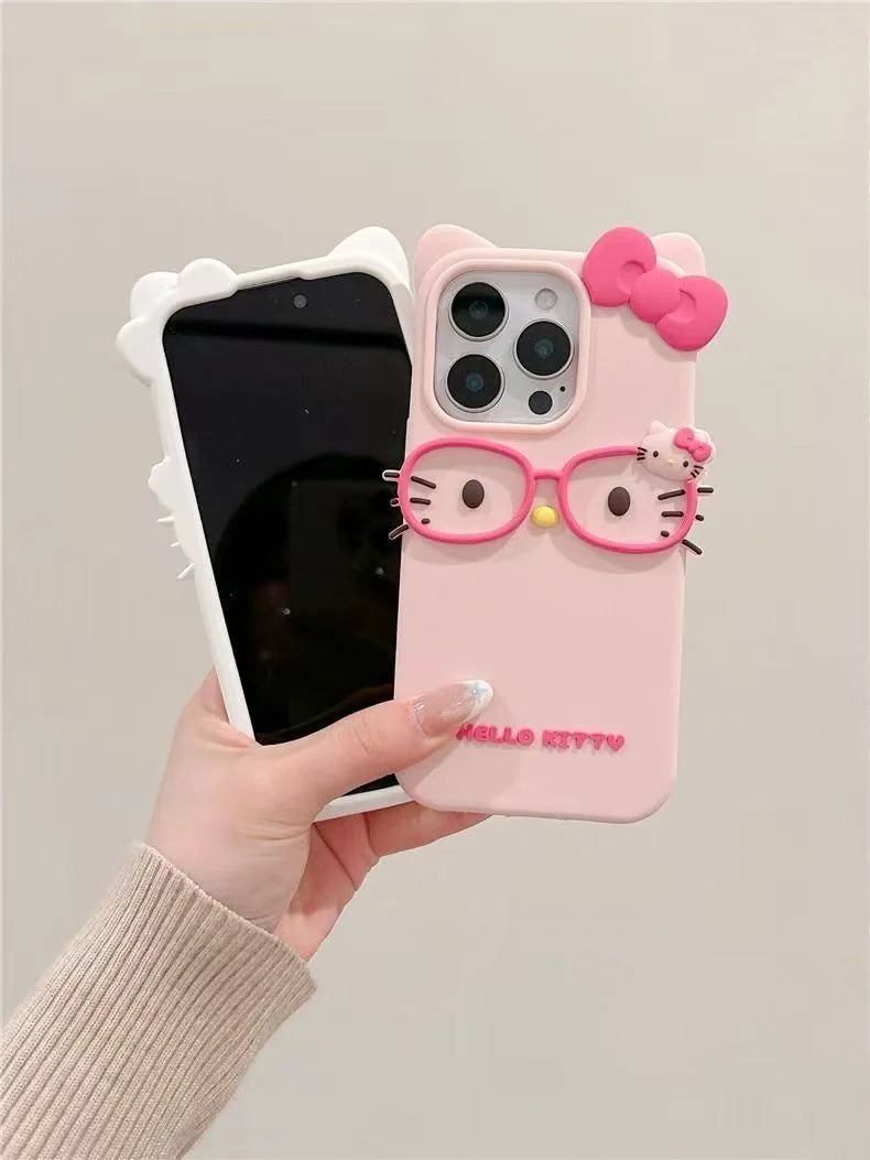 Capa 3D Gato com Óculos de Silicone para iPhone 17 Pro Max / 16 / 15 Plus / 14 / 13 Mini / 12 / 11 – Design Cartoon Fofo
