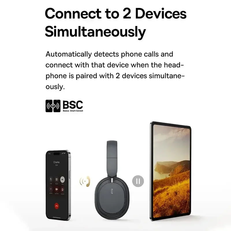 Headphone Bluetooth Baseus 5.3 Over-Ear Dobrável – Driver 40mm Hi-Fi, Áudio Espacial, Até 70h de Bateria, Wireless + Cabo