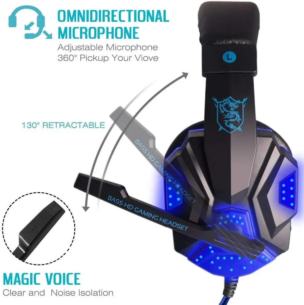 Headset Gamer Profissional Com Fio QearFun – Som Stereo Surround, Microfone com Redução de Ruído, LED RGB, Compatível com PC, PS4, PS5 e Xbox