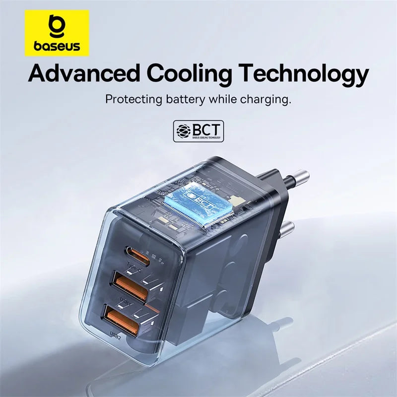 Baseus Carregador USB 30W com 3 Portas – USB-C PD + QC3.0 para iPhone, Samsung e Xiaomi