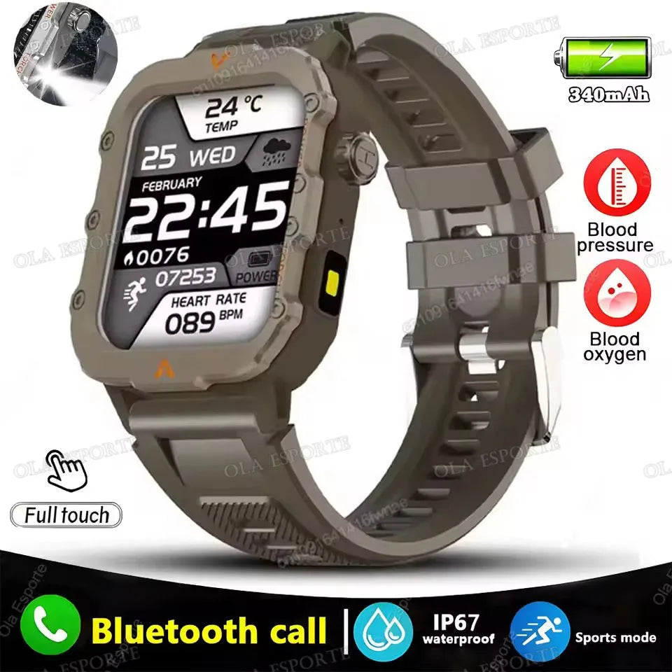 Smartwatch Tático Militar 2025 – Bateria de Longa Duração (400mAh), Lanterna LED e Chamadas Bluetooth