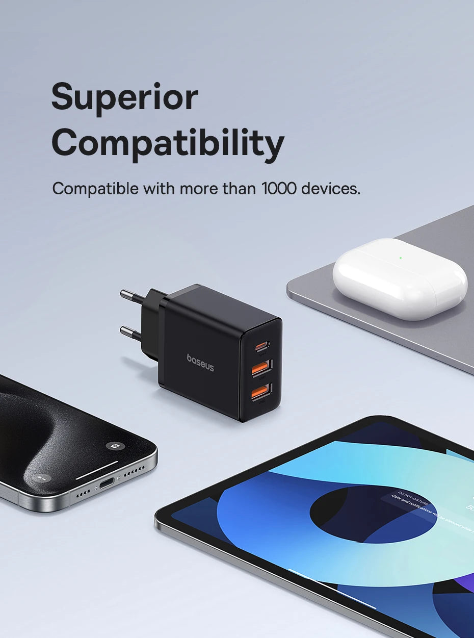 Baseus Carregador USB 30W com 3 Portas – USB-C PD + QC3.0 para iPhone, Samsung e Xiaomi