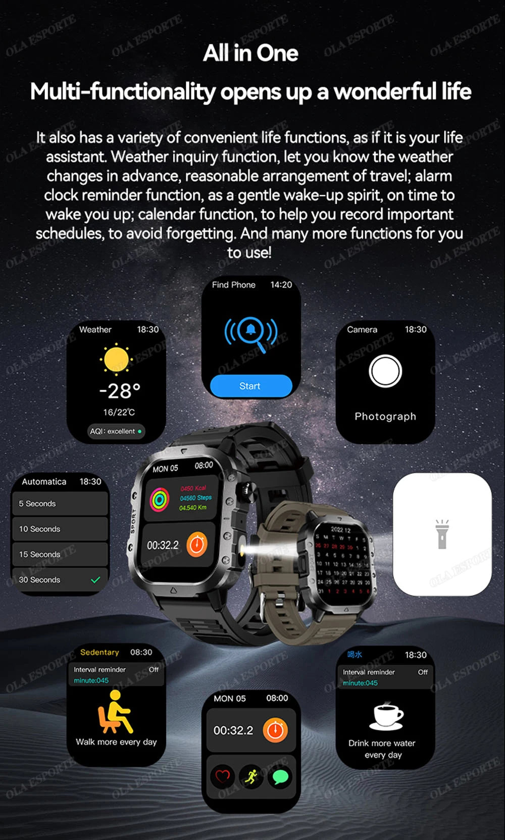 Smartwatch Tático Militar 2025 – Bateria de Longa Duração (400mAh), Lanterna LED e Chamadas Bluetooth